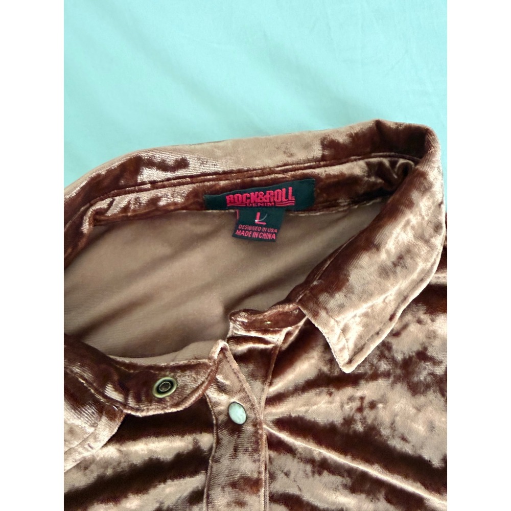 Rock & Roll Denim Crushed Velvet Pearl Snap Western Cowgirl Rodeo Shirt L - Picture 7 of 8
